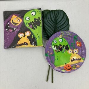 Unique Purple Heavy Duty Paper Silly Halloween Monsters Party Napkins Plate Set
